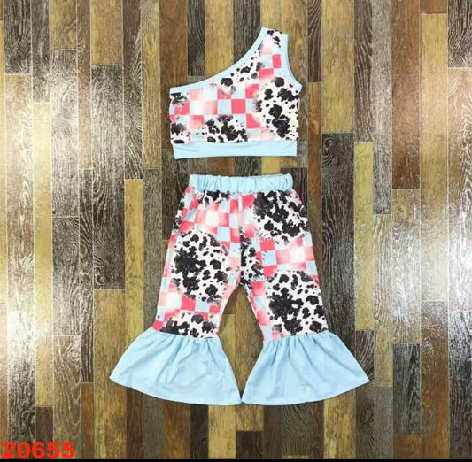 One Shoulder Checkered Cowprint Tank & Bells Set